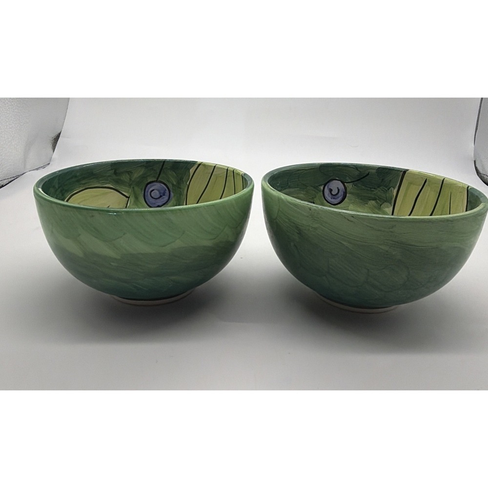 Bob Mackie Cereal Dessert Bowl Pears Grapes Fruit Bright Yellow Green Set Of 2 - Picture 2 of 14